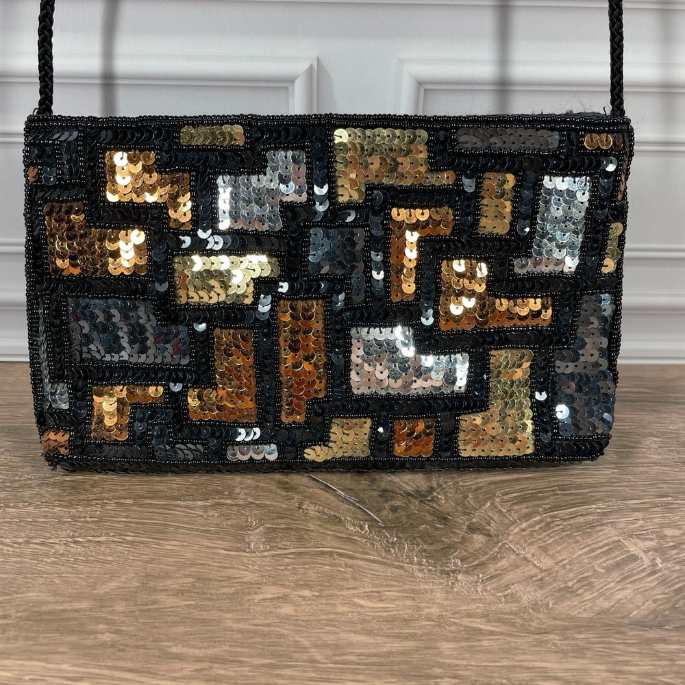 Vintage Carla Marchi Sequined Evening Bag Clutch Party Purse w/Beaded Hair Clip - Picture 2 of 10